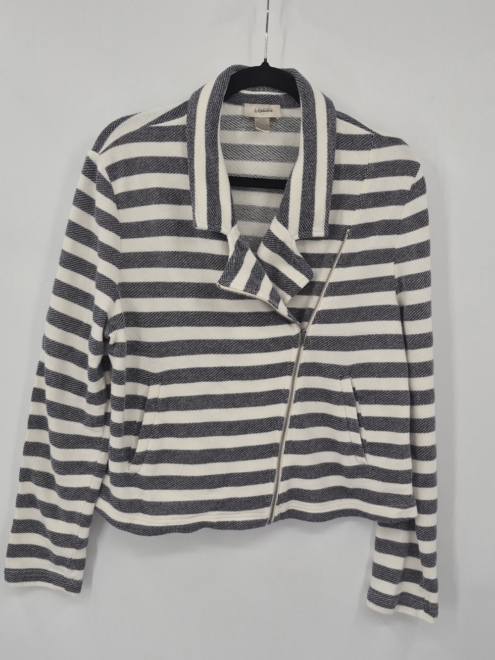 Women's Moto Striped Jacket With Zip & Pockets Asymmetrical Large Blue White